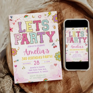 Invitación de chica retro, invitación con parche para cualquier edad, invitación para fiesta de cumpleaños con parche universitario, invitación preppy, cumpleaños de chica preppy