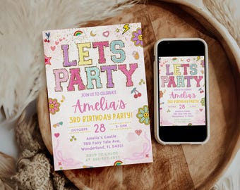 May include: A pink and white birthday party invitation with glitter and colorful graphics. The invitation says "Let's Party" and "Join us to celebrate Amelia's 3rd Birthday Party!" with the date and time of the party.