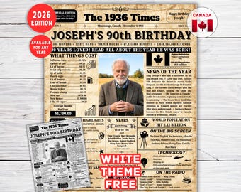 90th Birthday Newspaper Poster Back in 1936 CANADA, 90th Birthday Gifts, 90th Birthday , Born in 1936 Poster