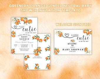 Editierbare „A Little Cutie is on the Way“-Vorlage für Einladungen zur Babyparty in Grün und Orange, geschlechtsneutral, für Paare, sofortiger Download