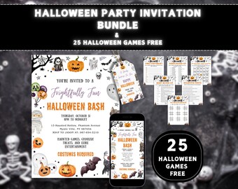 May include: A Halloween party invitation bundle with 25 free Halloween games. The invitation features a spooky design with pumpkins, ghosts, and bats. The invitation includes the text "Frightfully Fun Halloween Bash".