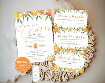 May include: Orange blossom themed baby shower invitation with a watercolor design. The invitation includes the text "Sweet Little Cutie is on the Way" and details for the shower. Additional cards include a diaper raffle, a "Boots for Baby" request, and a thank you card.