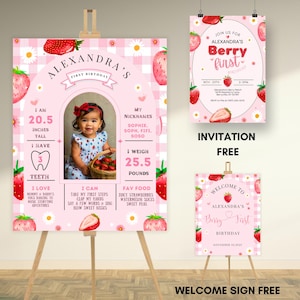 Erdbeereerstes Geburtstags-Meilensteinplakat, Beere-erstes Jahr-Meilensteinbrettzeichen, Mädchen-1. Geburtstags-Beereneinladung, Beeren-Willkommensschild