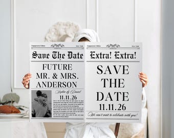 Plantilla editable para anuncio de compromiso en periódico / Plantilla para anuncio de boda / Plantilla para reservar la fecha / Plantilla para reservar la fecha para futuros esposos