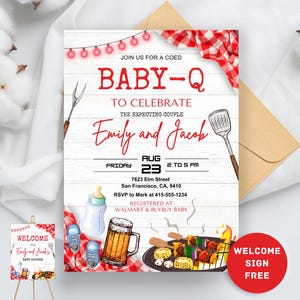 Editable bbq Party Invite , Red Baby-Q Baby Shower Invitation | Backyard Couples Baby Sprinkle | Printable Unisex Baby BBQ Party Template 02