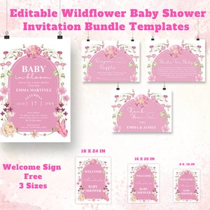 Wildblumen-Babyparty-Einladungs-Bündel Boho Blush Baby-Mädchen laden Paket ein Boho Blumengarten-Windel-Verlosung bearbeitbare Vorlagen