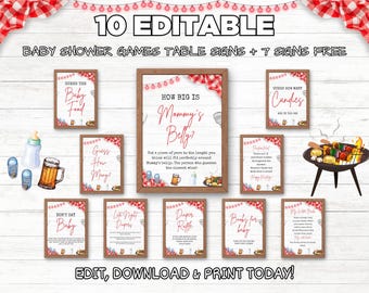 Editable Red Baby-Q Baby Shower Table Sign | Backyard Baby Sprinkle BBQ Décor | Baby-Q Shower Decorations | Unisex Baby Shower Party Sign 02