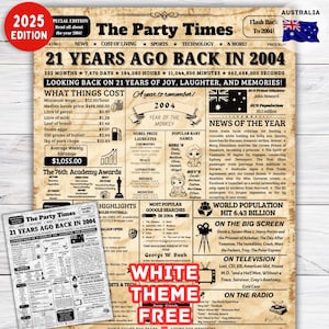 Back in 2004 Sign AU, 21e verjaardagscadeau voor haar/hem, 21e verjaardag krant Australië, 21 jaar geleden geboren in 2004, decoratie 21e verjaardag