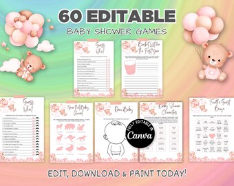 Printable Bear Balloons Baby Shower Games Bundle , Gender Neutral Baby Shower Games, Baby Shower Games Pack,  Bear Baby Shower Games