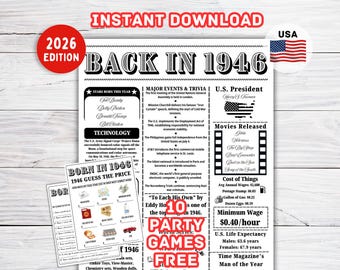 80th Birthday Trivia Fun Facts Back in 1946 Sign | 80th Birthday Games Bundle | 80th Birthday Party Decorations
