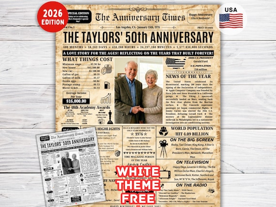 50th Anniversary Gift for Parents , Back in 1976 Newspaper Poster , 50th Golden Wedding Anniversary Gift ,50 Years Parents Anniversary Gift