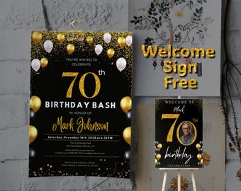 70th Birthday Party Invitation, Black and Gold, 70th Welcome Sign (Digital Download)