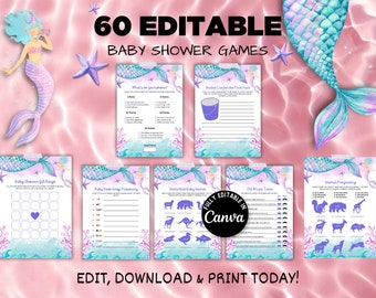 60 Editable Mermaid Baby Shower Game Bundle, Under the Sea Baby Shower Game Pack, Sprinkle, Pink, Purple, Mermaid Games,Baby shower games