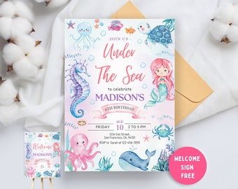 Editable Mermaid Birthday Invitation, Pink Mermaid Invite, Under the Sea Birthday Invitation, Printable Mermaid Invite,Under the sea invite