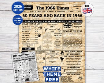 Back in 1966 UK , 60th Birthday Newspaper Sign Back in 1966 Birthday Sign , 60th Birthday Gift, 60th Birthday Decoration