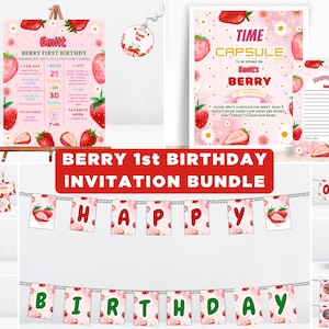 Berry First Birthday Invitation Bundle , Strawberry 1st Birthday Invitation bundle for Girl first birthday decor , berry first birthday Girl