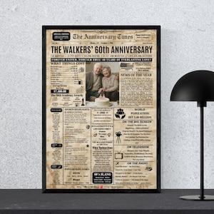 60th Wedding Anniversary Gift for Parents,1966 Diamond Anniversary Gift ,Back in 1966 Newspaper Sign, Diamond Anniversary Gift for Parents image 2