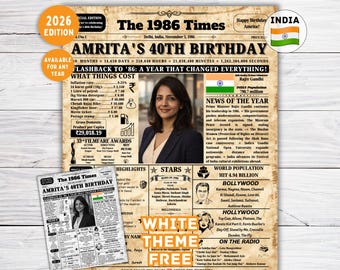 1986 India , 40th Birthday Newspaper Poster | 40th Birthday Gift | 40th Birthday Decorations ,40 years ago Back in 1986