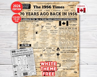 1956 Canada Newspaper Sign, 70th Birthday Newspaper Sign, 70th Birthday Gift , 70 Years Ago Back in 1956