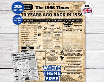 1956 Sign Uk  70th Birthday Newspaper Sign , Back in 1956 Uk , 70th Birthday Gift Back in 1956 Birthday Poster , 70th Birthday Decorations