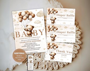 May include: Baby shower invitation set with a teddy bear holding balloons. The invitation reads "We can bearly wait BABY" and includes details for Charlotte Winters' baby shower. Includes diaper raffle and thank you cards.