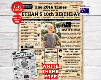 2016 Australia ,10th Birthday Newspaper Poster Sign , 10th Birthday gift , 2016 AUS Highlights