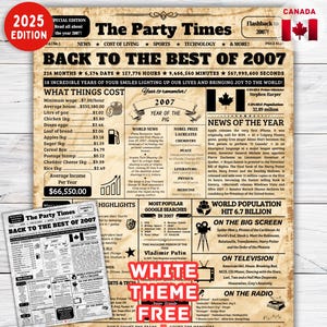 Cartel de Canadá en 2007, cartel de periódico con el 18.° cumpleaños, regalos para hija o hijo por el 18.° cumpleaños, decoraciones para el 18.° cumpleaños, nacido en 2007