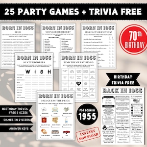 Geboren in 1955 Spiele Bundle, 70 Geburtstag Party Spiele Bundle, 70 Geburtstag Trivia Fun Facts für Party, 1955 Geburtstagsspiele, Zurück in 1955