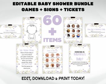 Bearbeitbares Wildblumen-Babypartyspiele-Bundle, Babypartyspiele druckbar, Wildblumen-Babypartyschilder, Blumen-Babypartyspiele Paket