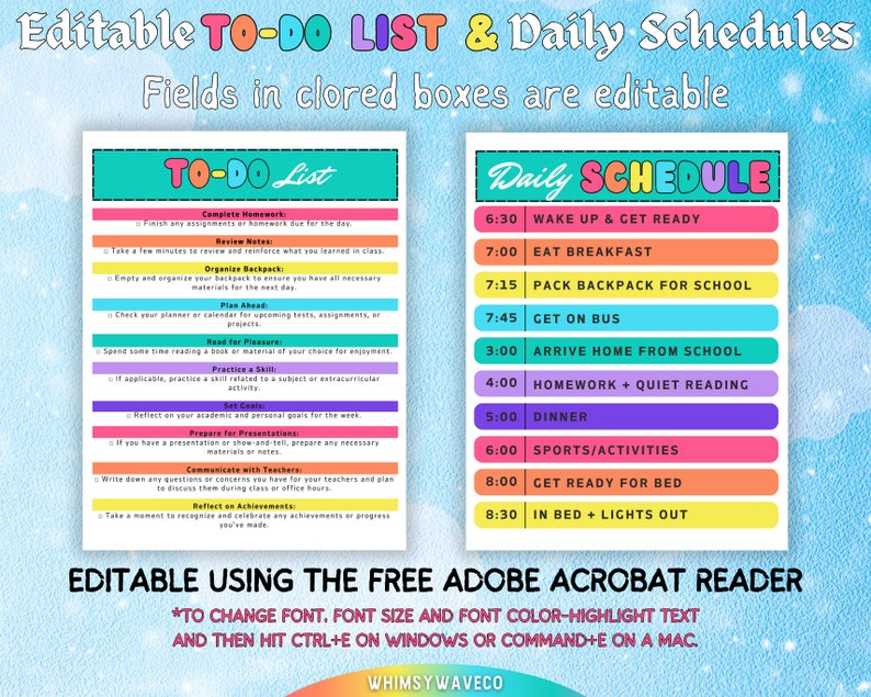 Druckbare Bearbeitbare 20242025 Schulplaner Schulkalender Checkliste