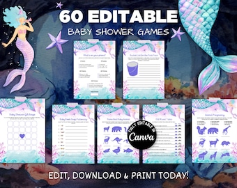 Editable Mermaid Baby Shower Game Bundle, Under the Sea Baby Shower Game Pack, Sprinkle, Pink, Purple, Gold Mermaid Games,Baby shower games