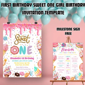 Sweet One Birthday Invitation, First Birthday Girl Invitation, Candy Land Birthday Invitation, Donut invite Template, Ist Birthday,Sweet One