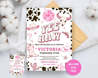 Invitación de cumpleaños de vaquera espacial, invitación de fiesta de rodeo rosa disco editable, invitación de vaquera rosa, invitación de cumpleaños de niña de fiesta retro y genial