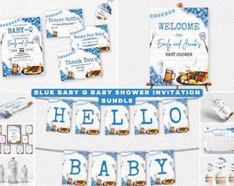 Blue Baby Q Babypartyeinladungs-Paket, Baby q-Babypartydekor, Hinterhof BBQ-Babyparty, Grill-Babypartyspiele, Babyparty