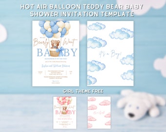 Editable Teddy Bear Hot Air Balloon Bear Theme Baby Shower Invitation We Can Bearly Wait Invites Template Instant Download