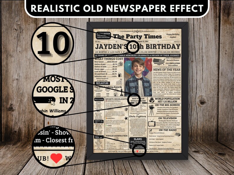 10th Birthday Newspaper Poster , 10th Birthday Gift Ideas for Boy or