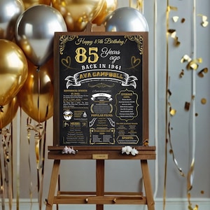Letrero de pizarra para el 85.º cumpleaños, póster de cumpleaños de 1941, regalo para personas de 85 años, pancarta para el 85.º cumpleaños, letrero decorativo para el 85.º cumpleaños.