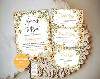 May include: A set of baby shower invitations featuring a bee and honeycomb theme. The invitations are decorated with yellow flowers and green leaves. The text on the invitations reads "Let's shower the Mommy to Bee!" and "Join us for a baby shower honouring Olivia Harper".