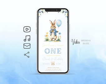 Peter Rabbit Birthday Video Invitation for ANY AGE , Peter Rabbit First Birthday Electronic Invitation , Bunny First Birthday Invitation