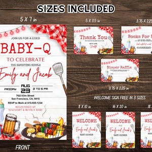 K&ouml;nnte beinhalten: Druckbare Babyparty-Einladungen und Willkommens-Schilder in verschiedenen Gr&ouml;&szlig;en. Die Einladung zeigt eine rot-wei&szlig; karierte Tischdecke, einen Grill und ein Bierglas. Das Willkommens-Schild zeigt einen rot-wei&szlig; karierten Hintergrund mit dem Text "Willkommen zur Babyparty von Emily und Jacob".