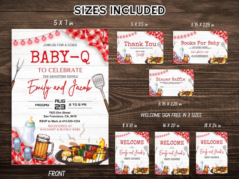 K&ouml;nnte beinhalten: Druckbare Babyparty-Einladungen und Willkommens-Schilder in verschiedenen Gr&ouml;&szlig;en. Die Einladung zeigt eine rot-wei&szlig; karierte Tischdecke, einen Grill und ein Bierglas. Das Willkommens-Schild zeigt einen rot-wei&szlig; karierten Hintergrund mit dem Text "Willkommen zur Babyparty von Emily und Jacob".