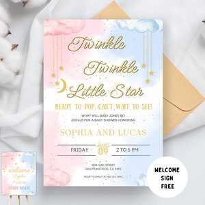 Twinkle Little Star Gênero Revelar Convite, Moon Baby Shower Gênero Revelar Sinal de boas-vindas para festa, Convite de menino ou menina, Modelo de convite para ele ou ela
