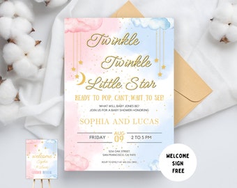 Twinkle Little Star Gender Reveal Invite,Moon Baby Shower Gender Reveal Party Welcome Sign ,Boy or girl Invite ,He or she invite Template