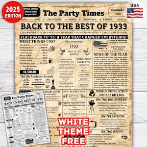 Back in 1933 Birthday Sign, 92nd Birthday Gift for Grandma, Gift for Grandpa , 92nd Birthday Newspaper Poster  , 92nd Birthday Decorations