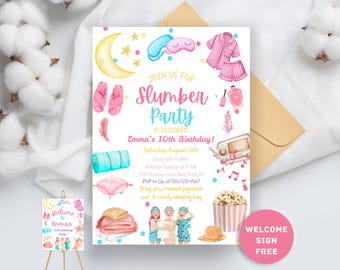May include: A colorful invitation for a slumber party to celebrate Emma's 10th birthday. The invitation features a moon, stars, pajamas, a sleeping bag, a radio, popcorn, and music notes. The text on the invitation reads "Join us for Slumber Party to celebrate Emma's 10th Birthday! Saturday, August 12th Drop-off 4 PM Pick-up Sunday at 11 AM 123 Dreamy Lane, New York, NY RSVP to Lily at 555-123-4567 Bring your cutest pajamas and a comfy sleeping bag."