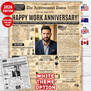 May include: A retro newspaper print marking a work anniversary, with the headline "Happy Work Anniversary!" and the year 2026. Features a man's photo and details of the year's events. Includes flags of the USA, Australia, UK, and Canada.