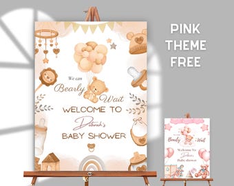 Bären-Willkommensschild, Geschlechtsneutrales Bärn-Babyparty-Willkommensschild, Wir können Bären-Babyparty-Poster warten, Baby rosa Boho Bärn-Babyparty-Dekor