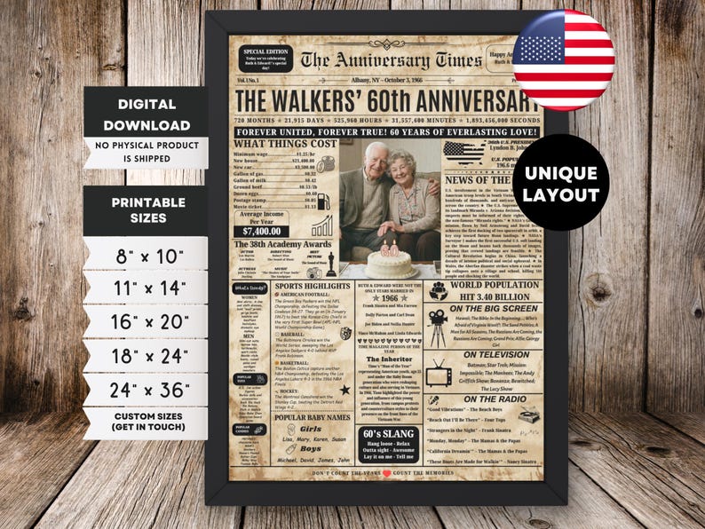 60th Wedding Anniversary Gift for Parents,1966 Diamond Anniversary Gift ,Back in 1966 Newspaper Sign, Diamond Anniversary Gift for Parents image 6
