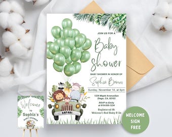 Può includere: Un invito a una festa di baby shower verde e bianco con un tema giungla. L'invito presenta una jeep dei cartoni animati con animali e palloncini verdi. Il testo sull'invito recita "Unisciti a noi per una Baby Shower in onore di Sophia Brown".