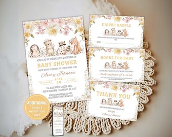 May include: A set of printable baby shower invitations with a woodland animal theme. The invitations feature a floral border with pink and yellow flowers. The text on the invitations reads "Join us as we sprinkle love & blessings on Baby Shower", "Avery Johnson", "Saturday June 26, 2:00 PM", "The Rosewood Garden Hall", "456 Bloom Lane, Savannah, GA 31401", "RSVP to Emma at 555.123.4567", "Registered at Target & Babylist", "Diaper Raffle", "Books for Baby", "Just one small request that won't be made, please bring a book instead of a card", "Thank You", "For coming and celebrating with me", "Avery Johnson".
